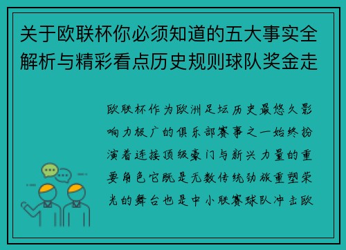 关于欧联杯你必须知道的五大事实全解析与精彩看点历史规则球队奖金走势
