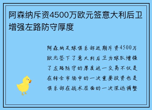 阿森纳斥资4500万欧元签意大利后卫增强左路防守厚度